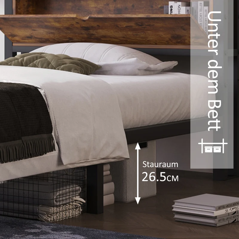 Lit simple industriel avec tête de lit rangement effet bois noyer et noir 90x200cm IKKIEL