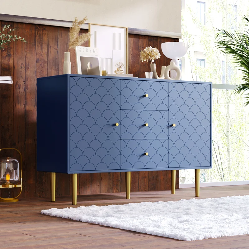 Commode buffet haut avec 2 portes 3 tiroirs bleu marine motif d'écailles H82/B120/T40 AIKETS
