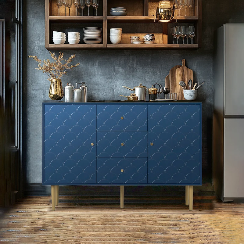 Commode buffet haut avec 2 portes 3 tiroirs bleu marine motif d'écailles H82/B120/T40 AIKETS