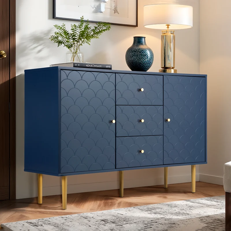 Commode buffet haut avec 2 portes 3 tiroirs bleu marine motif d'écailles H82/B120/T40 AIKETS