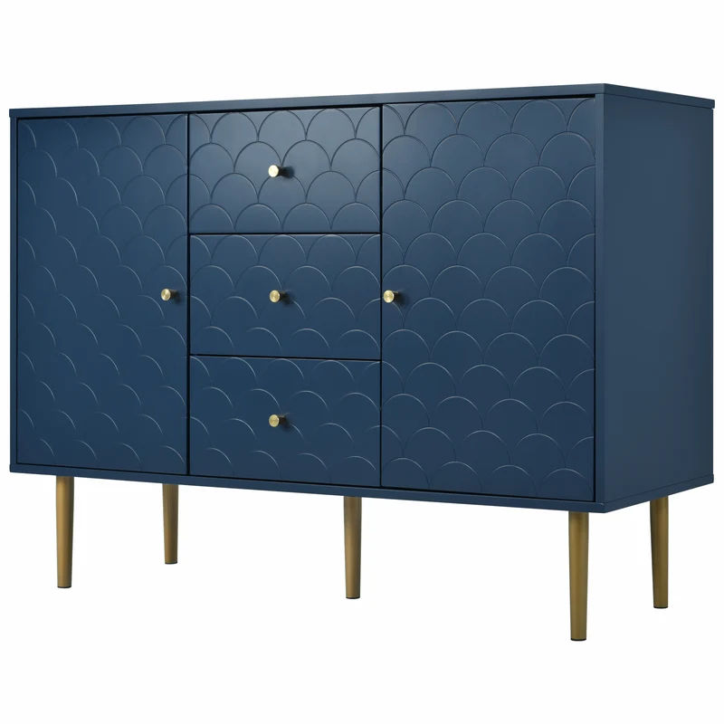 Commode buffet haut avec 2 portes 3 tiroirs bleu marine motif d'écailles H82/B120/T40 AIKETS