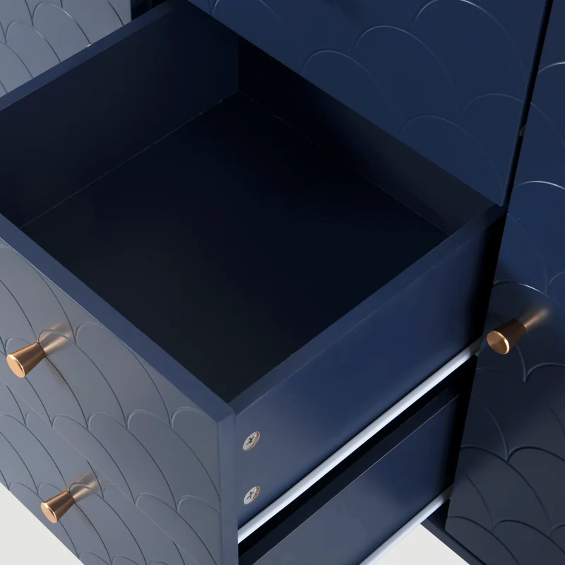 Commode buffet haut avec 2 portes 3 tiroirs bleu marine motif d'écailles H82/B120/T40 AIKETS