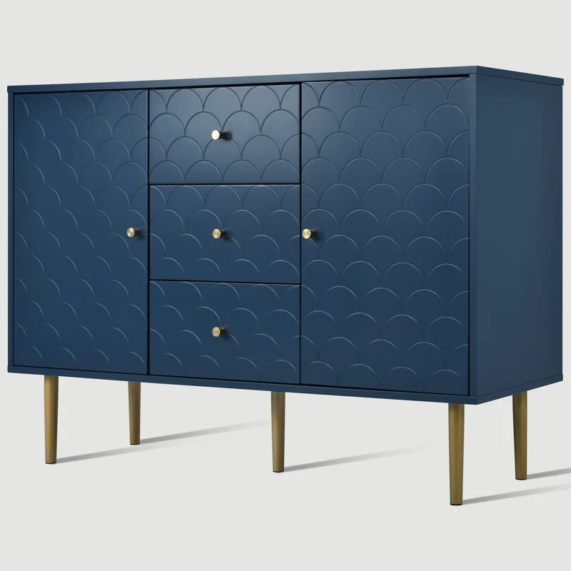Commode buffet haut avec 2 portes 3 tiroirs bleu marine motif d'écailles H82/B120/T40 AIKETS