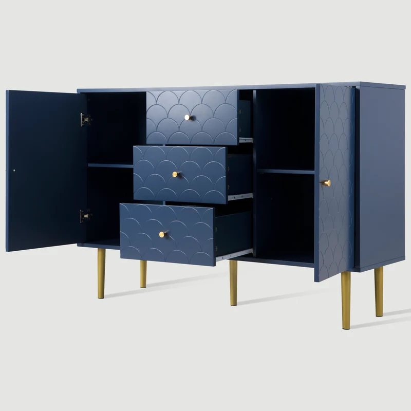 Commode buffet haut avec 2 portes 3 tiroirs bleu marine motif d'écailles H82/B120/T40 AIKETS