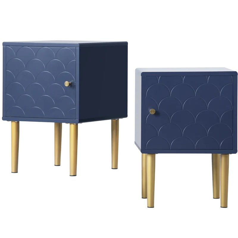 Lot de 2 tables de chevet bleu marine motif d'écailles pieds dorés H50/L35/P35 DRIRQEOX