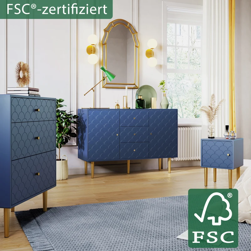 Lot de 2 tables de chevet bleu marine motif d'écailles pieds dorés H50/L35/P35 DRIRQEOX