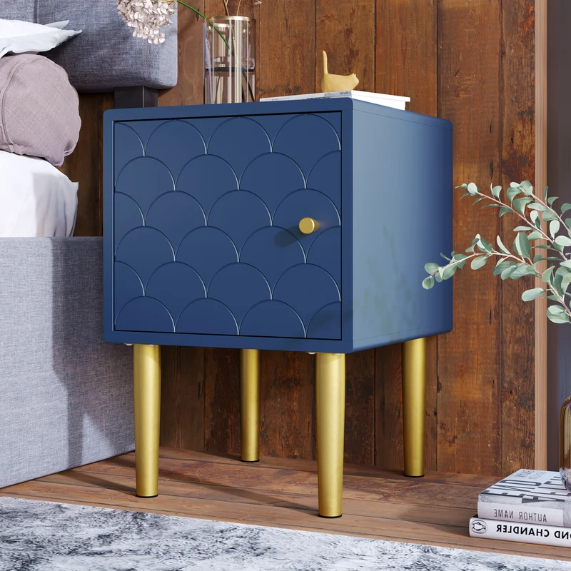 Lot de 2 tables de chevet bleu marine motif d'écailles pieds dorés H50/L35/P35 DRIRQEOX
