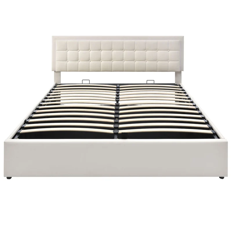 Lit coffre double PU blanc rembourré avec tête de lit haute, éclairage LED 160*200cm STUDDU
