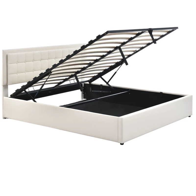 Lit coffre double PU blanc rembourré avec tête de lit haute, éclairage LED 160*200cm STUDDU