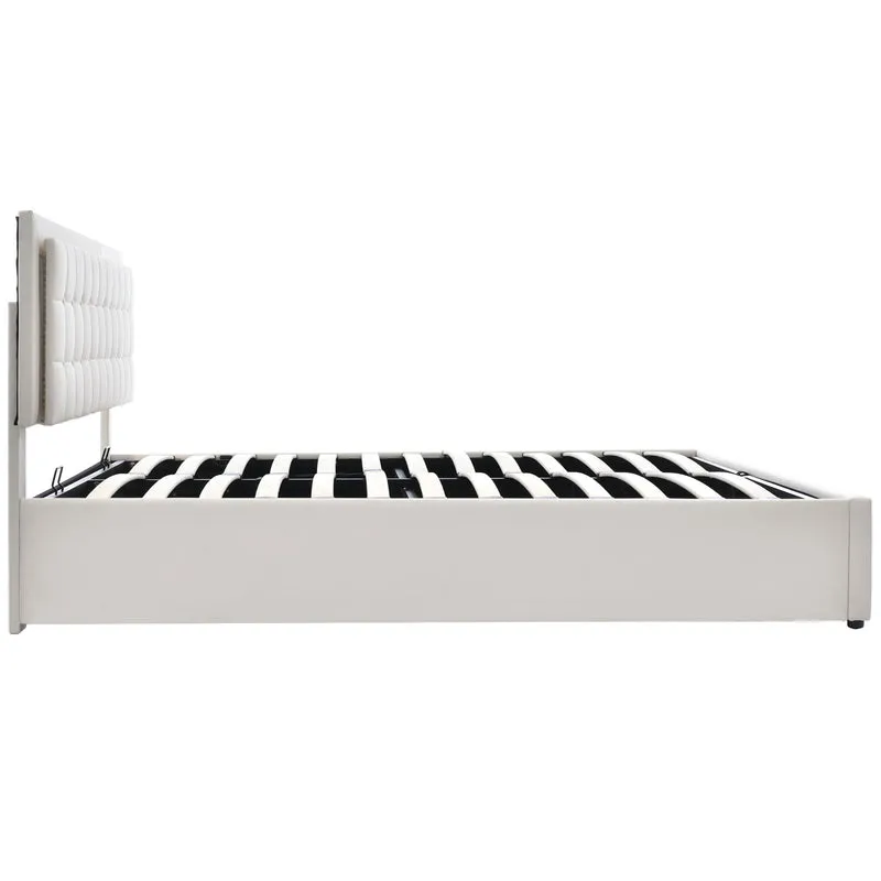 Lit coffre double PU blanc rembourré avec tête de lit haute, éclairage LED 160*200cm STUDDU