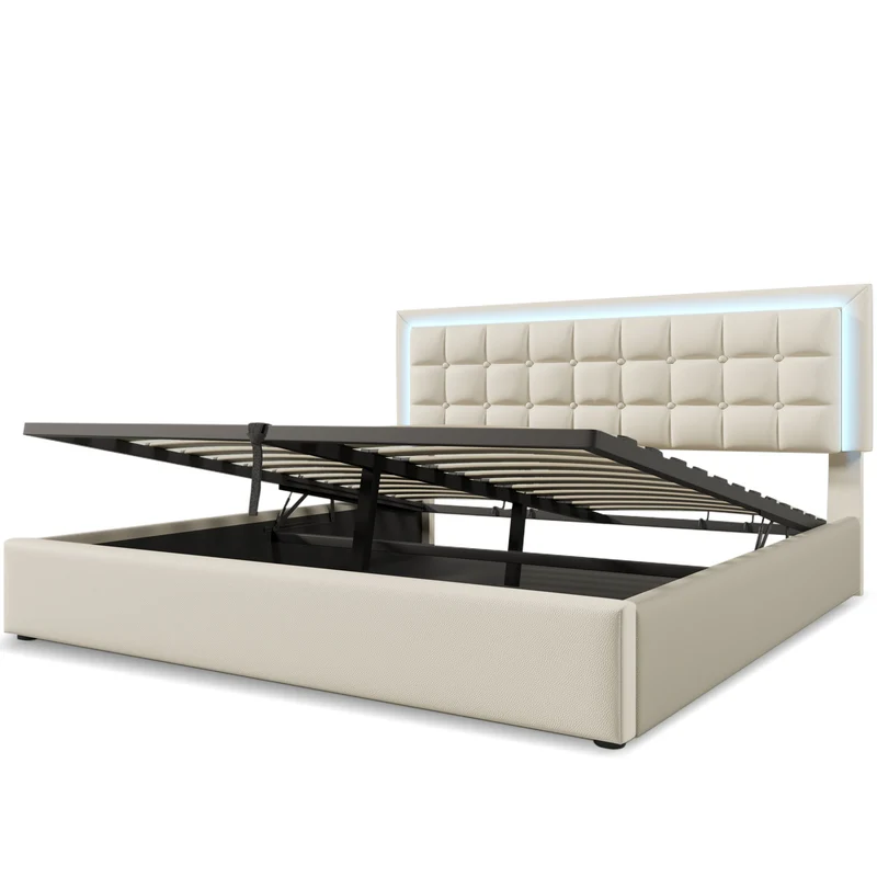 Lit coffre double PU blanc rembourré avec tête de lit haute, éclairage LED 160*200cm STUDDU