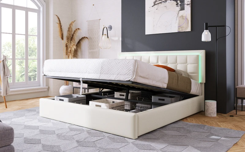 Lit coffre double PU blanc rembourré avec tête de lit haute, éclairage LED 160*200cm STUDDU
