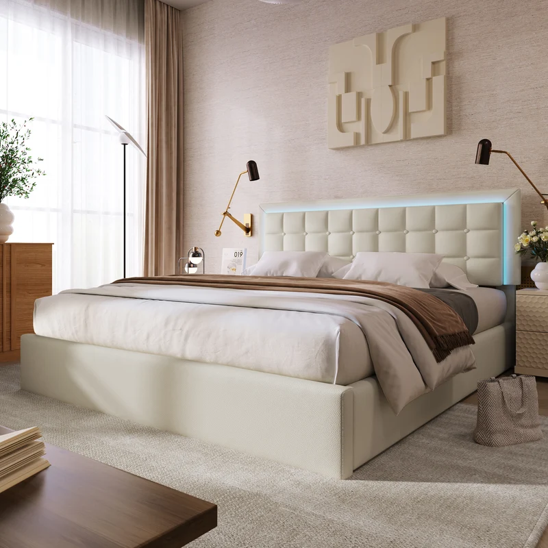 Lit coffre double PU blanc rembourré avec tête de lit haute, éclairage LED 160*200cm STUDDU