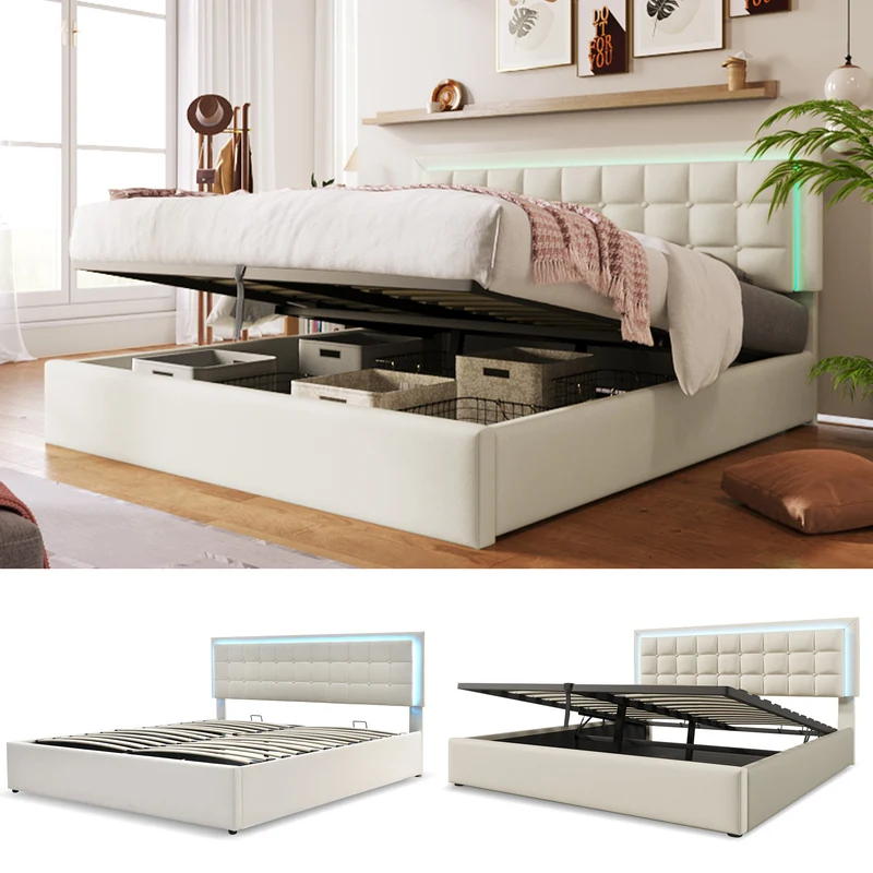 Lit coffre double PU blanc rembourré avec tête de lit haute, éclairage LED 160*200cm STUDDU