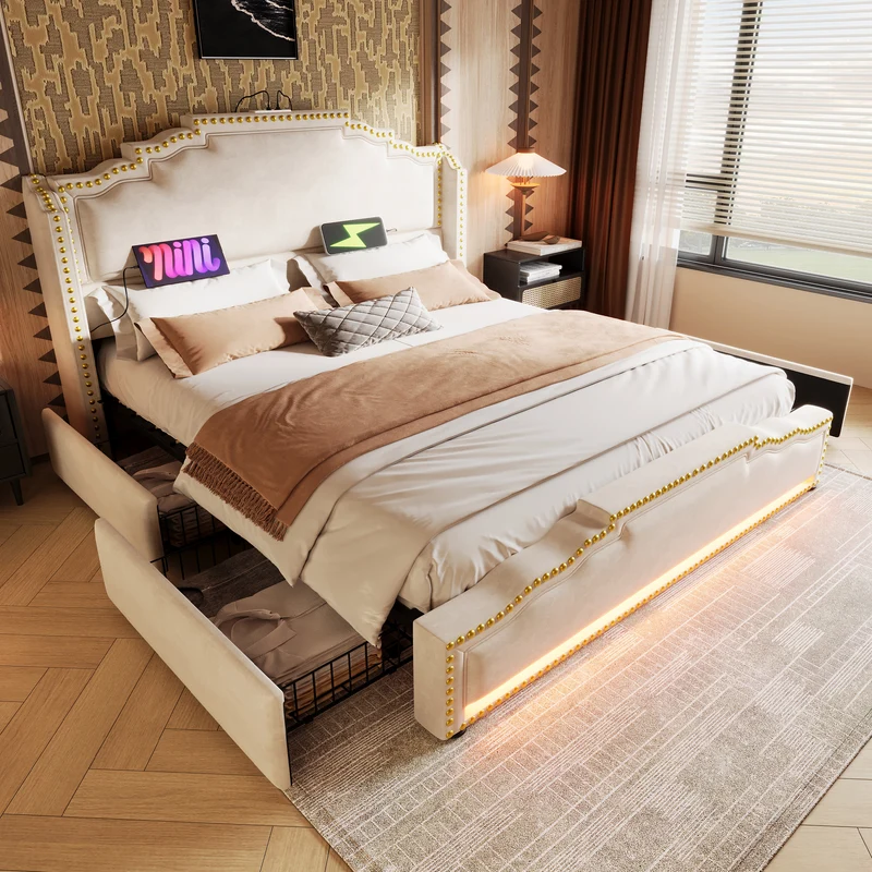 Lit king beige rembourré captionné royal avec éclairage LED et 4 tiroirs 180*200cm STOCZUTS SUPER KING BEIGE