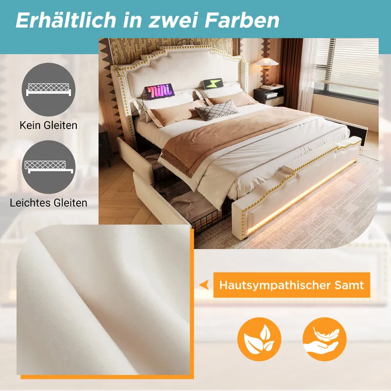 Lit king beige rembourré captionné royal avec éclairage LED et 4 tiroirs 180*200cm STOCZUTS SUPER KING BEIGE