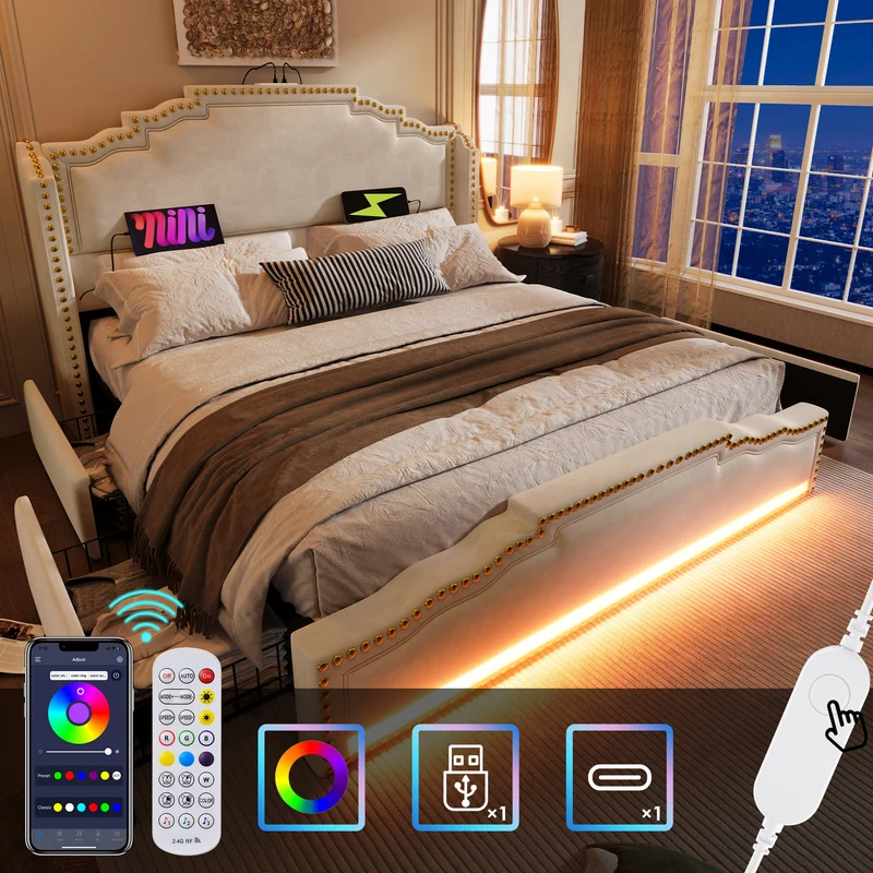 Lit king beige rembourré captionné royal avec éclairage LED et 4 tiroirs 180*200cm STOCZUTS SUPER KING BEIGE