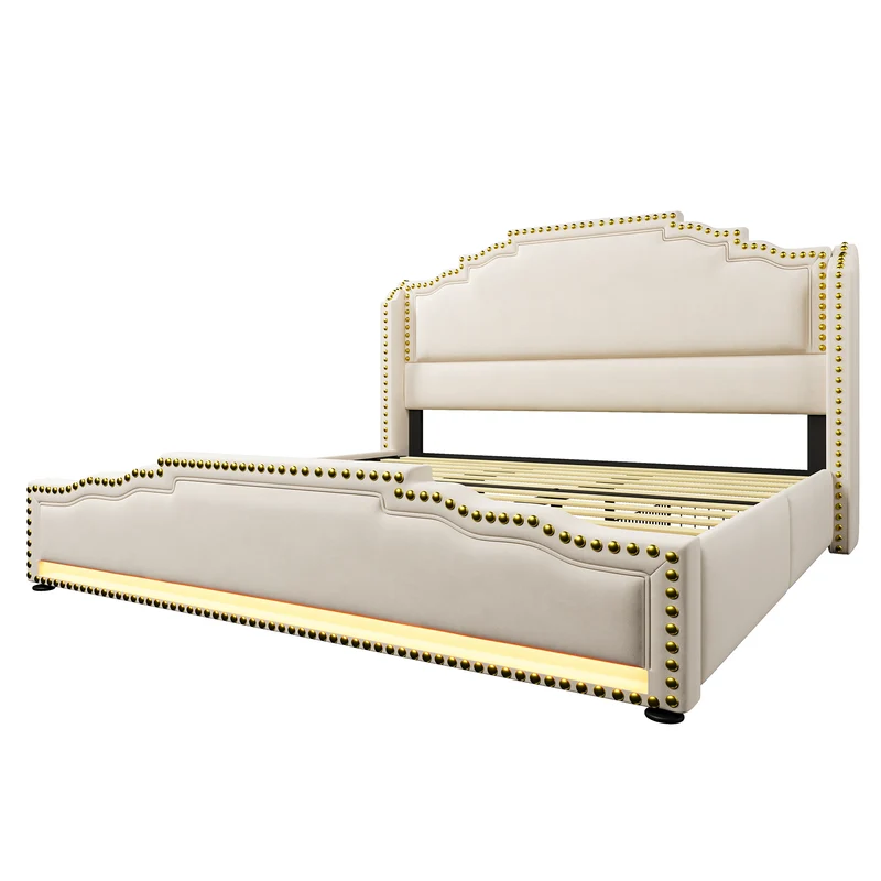 Lit king beige rembourré captionné royal avec éclairage LED et 4 tiroirs 180*200cm STOCZUTS SUPER KING BEIGE