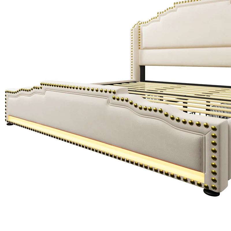 Lit king beige rembourré captionné royal avec éclairage LED et 4 tiroirs 180*200cm STOCZUTS SUPER KING BEIGE