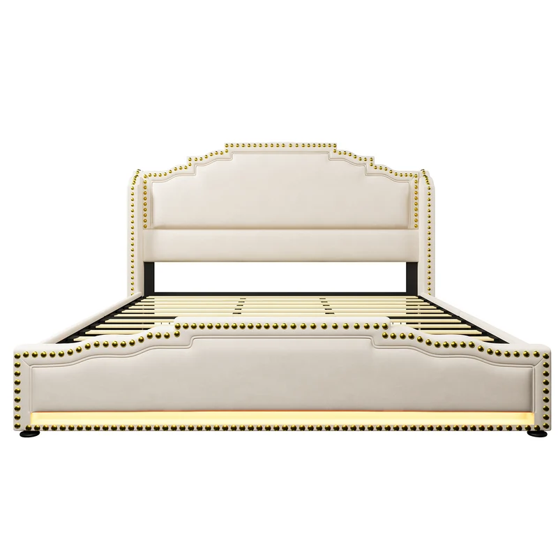 Lit king beige rembourré captionné royal avec éclairage LED et 4 tiroirs 180*200cm STOCZUTS SUPER KING BEIGE