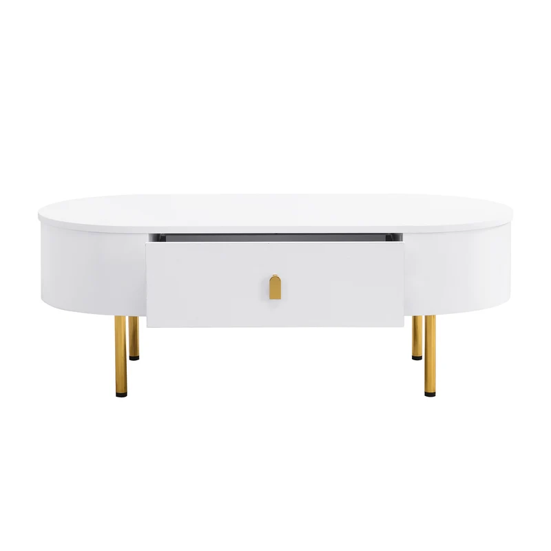 Table basse ovale blanche avec tiroirs et pieds dorés KRAUVVEX