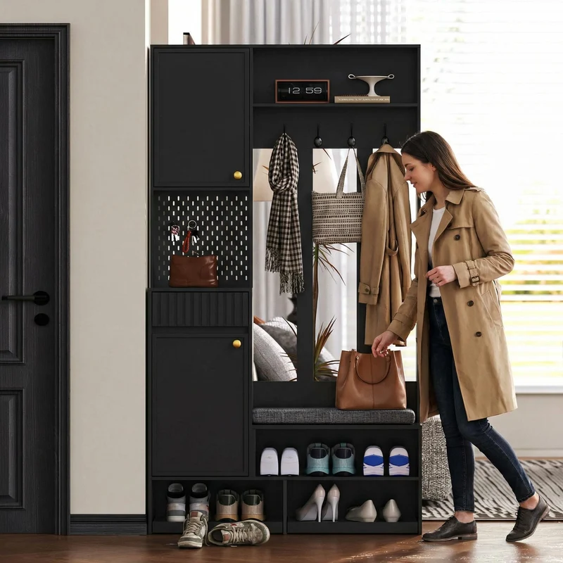 Vestiaire à l'entrée noir multifonction avec banc et rangements 100×180×35 cm BLISSUM