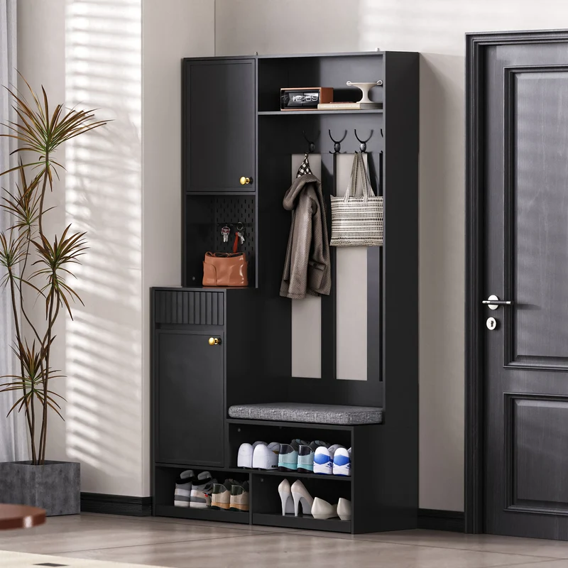 Vestiaire à l'entrée noir multifonction avec banc et rangements 100×180×35 cm BLISSUM