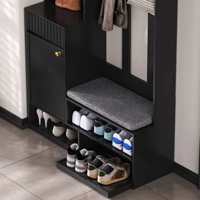 Vestiaire à l'entrée noir multifonction avec banc et rangements 100×180×35 cm BLISSUM