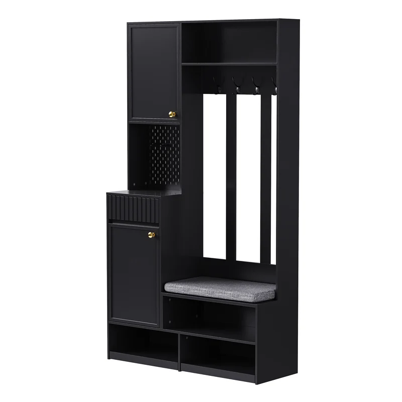 Vestiaire à l'entrée noir multifonction avec banc et rangements 100×180×35 cm BLISSUM