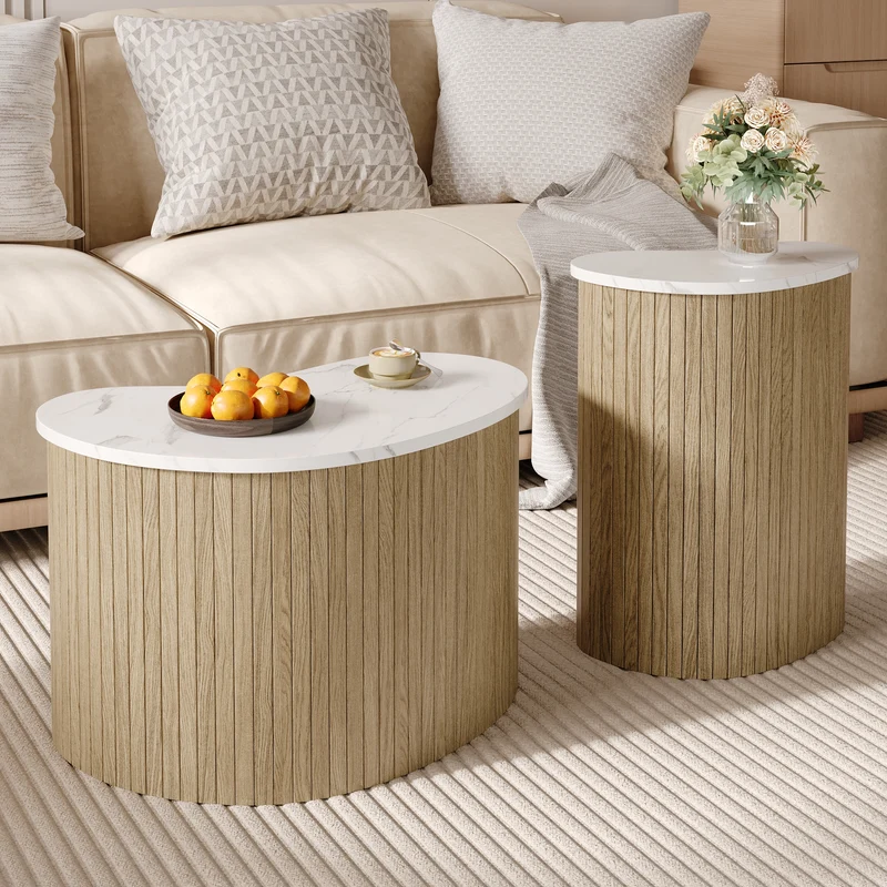 Ensemble de 2 tables basses gigognes effet marbre blanc et bois nature FJORDUS