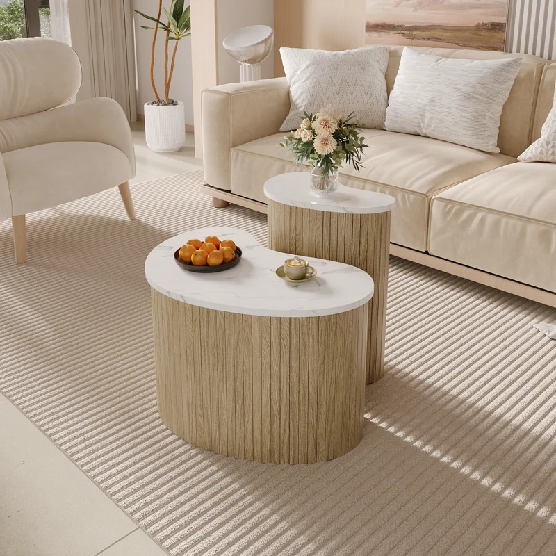 Ensemble de 2 tables basses gigognes effet marbre blanc et bois nature FJORDUS
