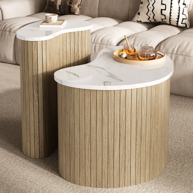 Ensemble de 2 tables basses gigognes effet marbre blanc et bois nature FJORDUS