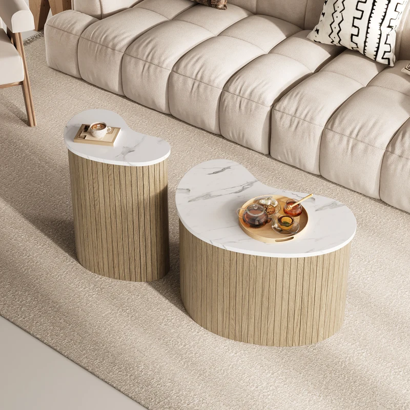 Ensemble de 2 tables basses gigognes effet marbre blanc et bois nature FJORDUS