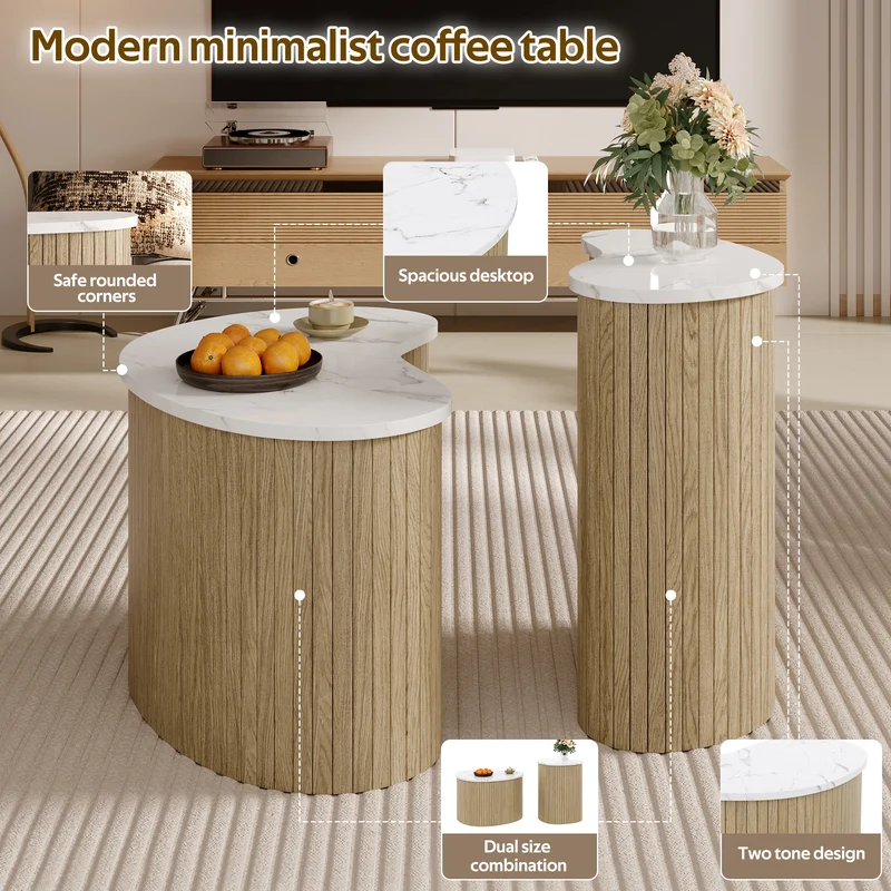 Ensemble de 2 tables basses gigognes effet marbre blanc et bois nature FJORDUS