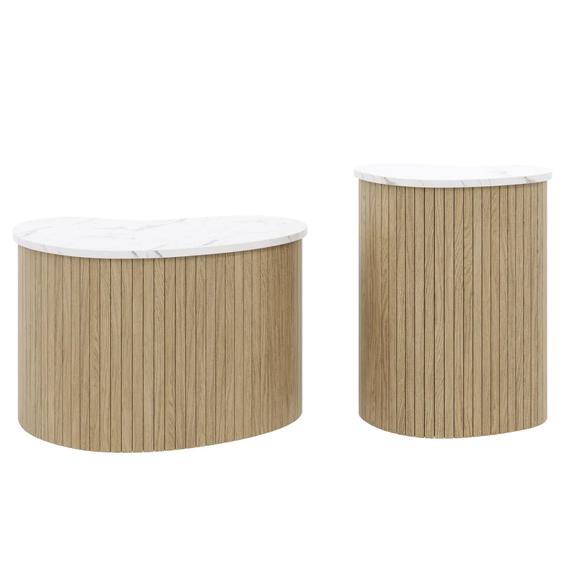 Ensemble de 2 tables basses gigognes effet marbre blanc et bois nature FJORDUS