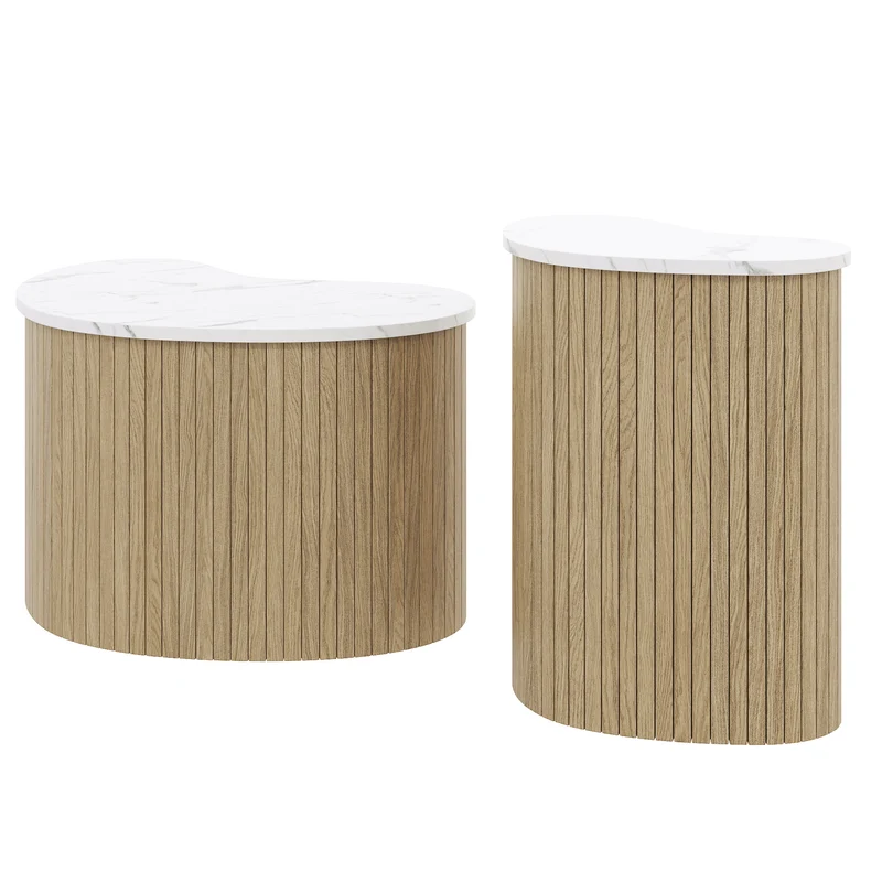 Ensemble de 2 tables basses gigognes effet marbre blanc et bois nature FJORDUS
