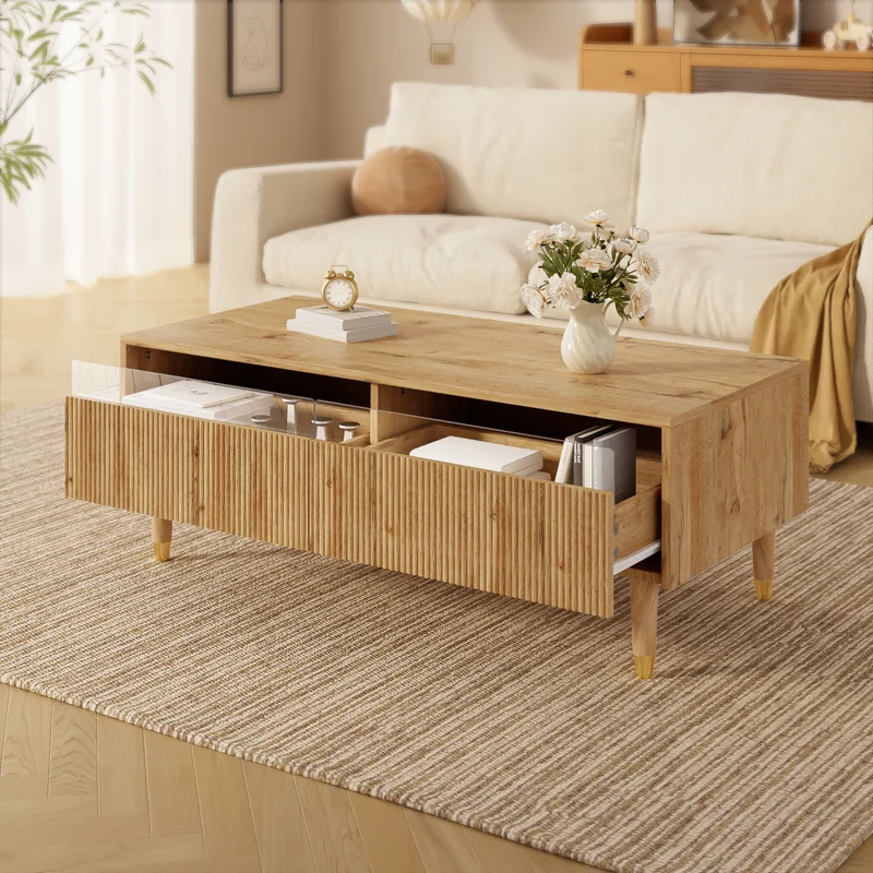 Table basse moderne effet bois façade ondulée éclairage LED 2 tiroirs PEAKGLADE
