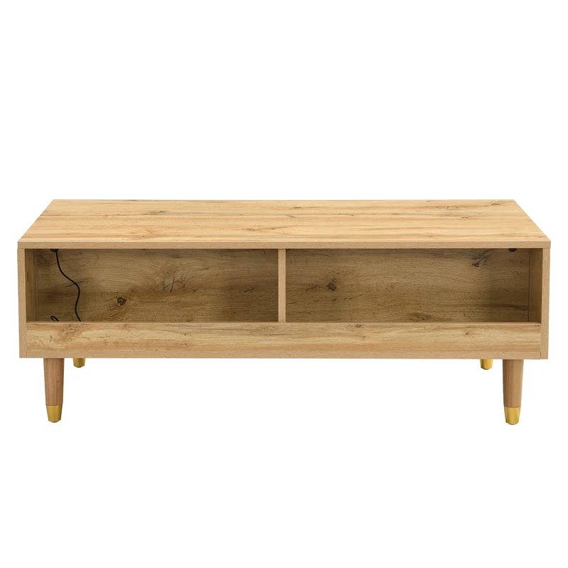 Table basse moderne effet bois façade ondulée éclairage LED 2 tiroirs PEAKGLADE