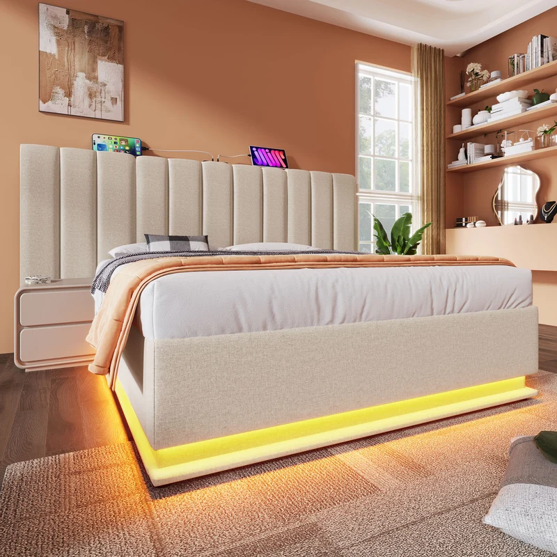 Lit coffre double capitonné lin beige avec éclairage LED 160*200 queen AENKUR