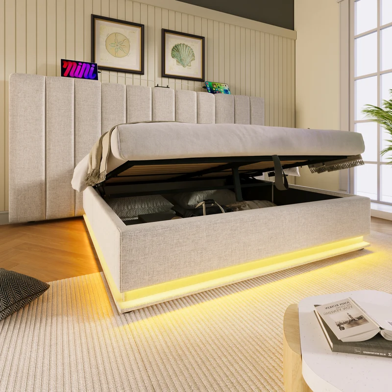 Lit coffre double capitonné lin beige avec éclairage LED 160*200 queen AENKUR