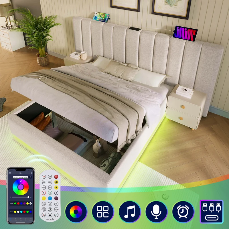 Lit coffre double capitonné lin beige avec éclairage LED 160*200 queen AENKUR