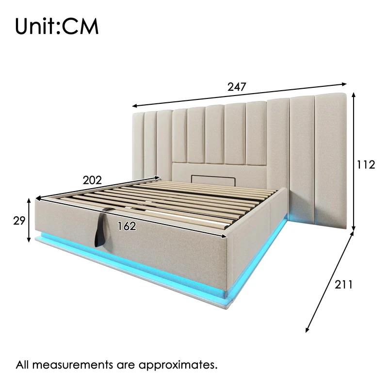 Lit coffre double capitonné lin beige avec éclairage LED 160*200 queen AENKUR