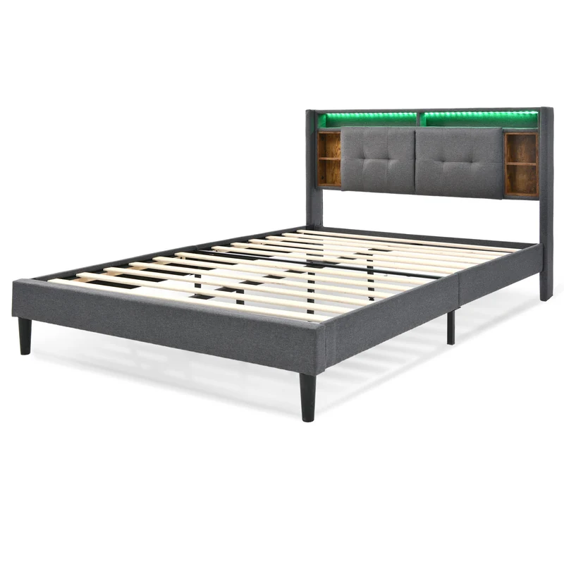 Lit double capitonné gris avec tête de lit rangement éclairage LED 160*200 Queen EENGEDS