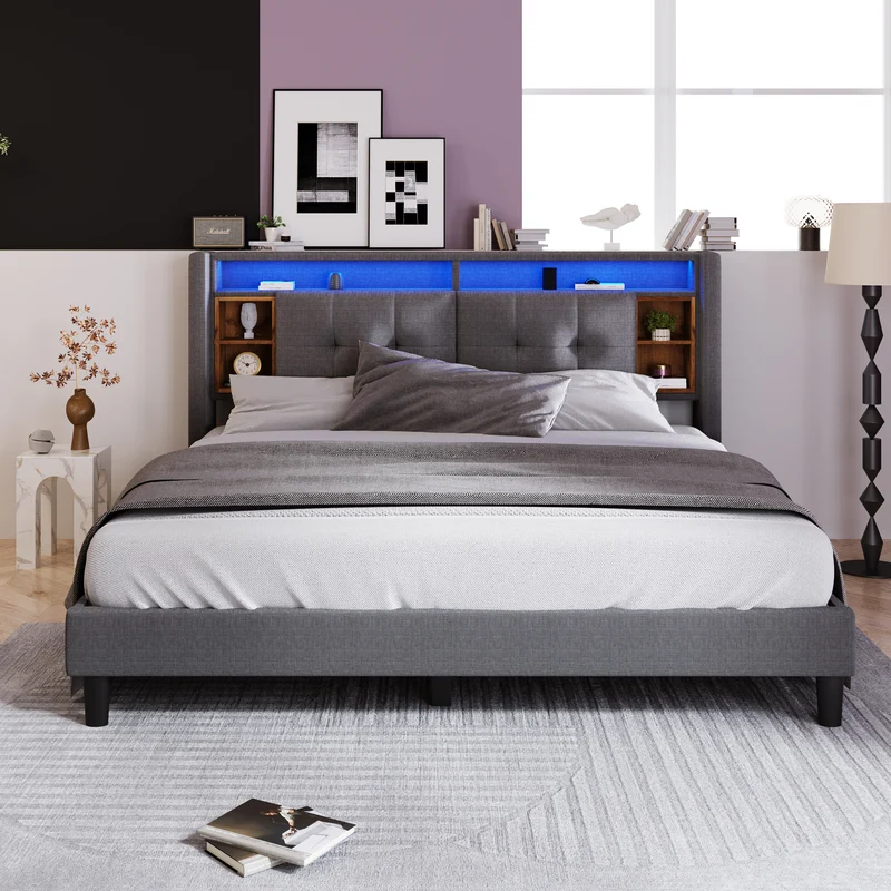 Lit double capitonné gris avec tête de lit rangement éclairage LED 160*200 Queen EENGEDS