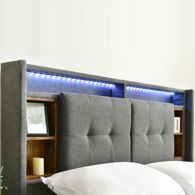 Lit double capitonné gris avec tête de lit rangement éclairage LED 160*200 Queen EENGEDS