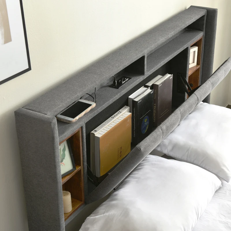 Lit double capitonné gris avec tête de lit rangement éclairage LED 160*200 Queen EENGEDS