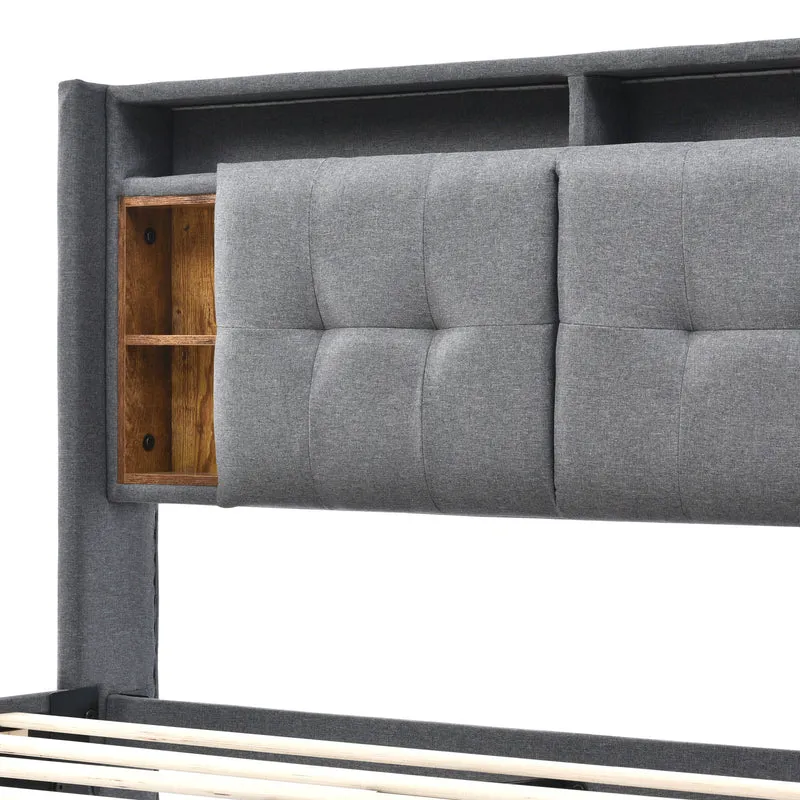 Lit double capitonné gris avec tête de lit rangement éclairage LED 160*200 Queen EENGEDS