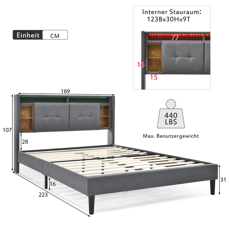 Lit double capitonné gris avec tête de lit rangement éclairage LED 160*200 Queen EENGEDS