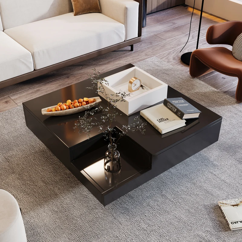 Table basse carrée noir blanc bicolore éclairage LED avec boîte de rangement amovible CROKS BLACK