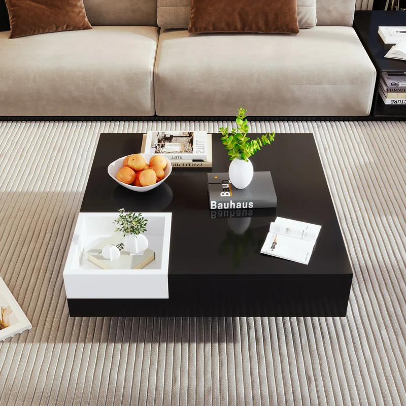 Table basse carrée noir blanc bicolore éclairage LED avec boîte de rangement amovible CROKS BLACK